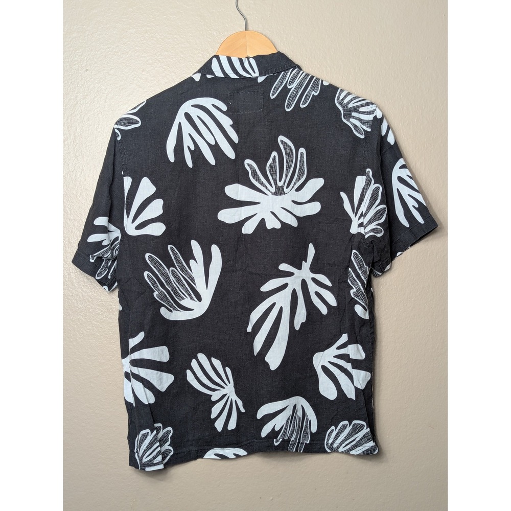Folk Button Down Shirt Mens S Black White Abstract‎ Shell Print Linen Blend 2199 - Picture 2 of 15